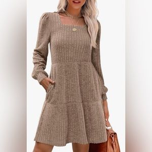 NEW! Women’s Square Neck Long Sleeve Fall Dress/ Casual Babydoll Sweater Dress